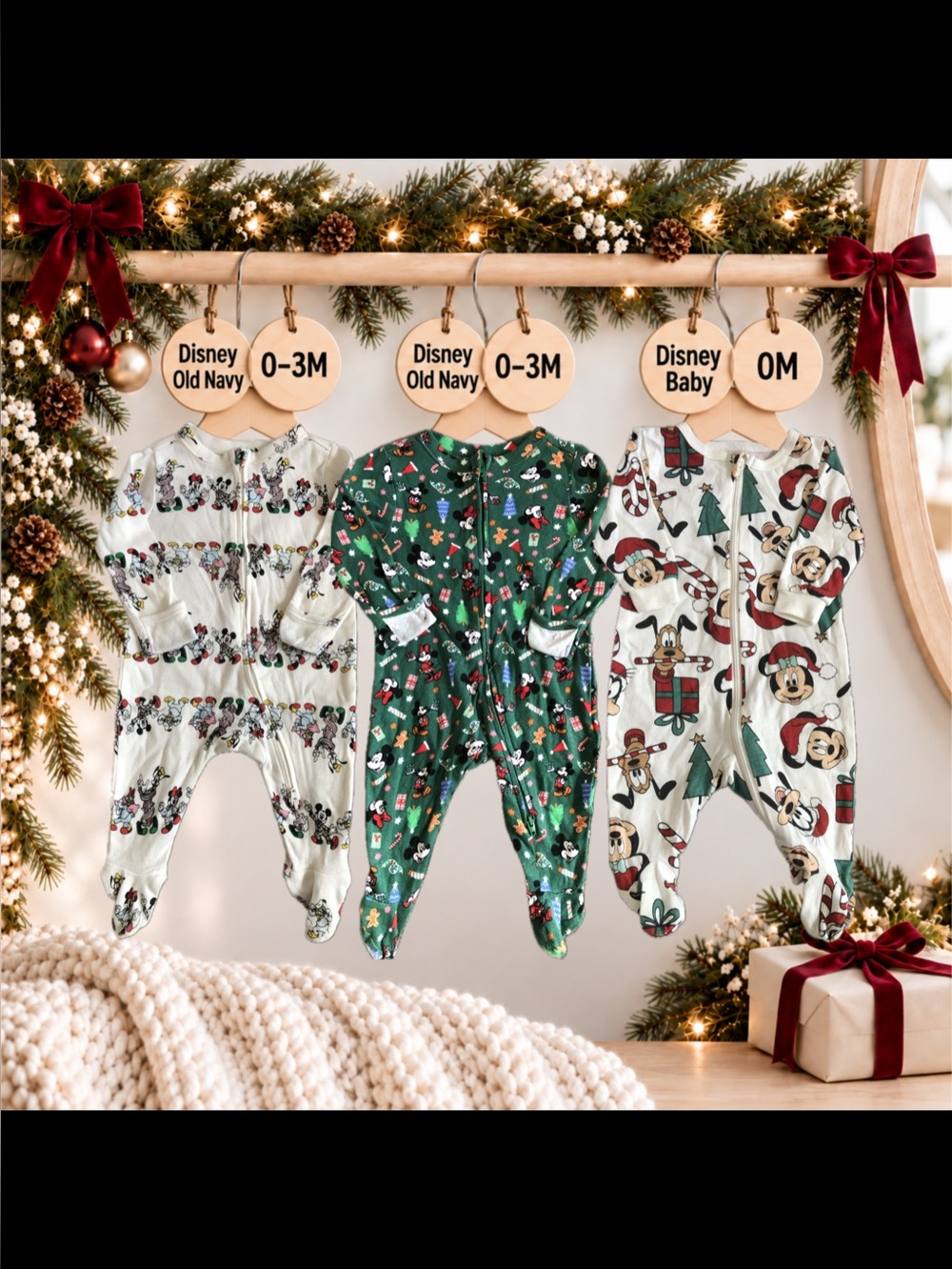 Disney Old Navy Christmas Baby Sleeper Bundle Newborn 0–3M 3 Pieces